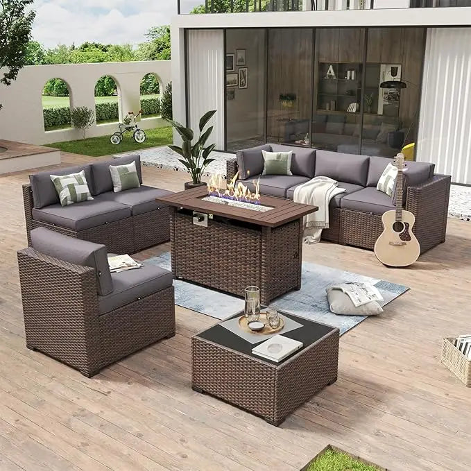Outdoor Wicker Patio Furniture Set With Fire Pit Table