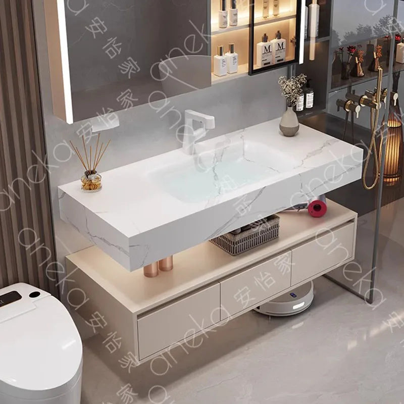 Solid Wood Vintage Bathroom Cabinet with Mirror and Integrated Basin