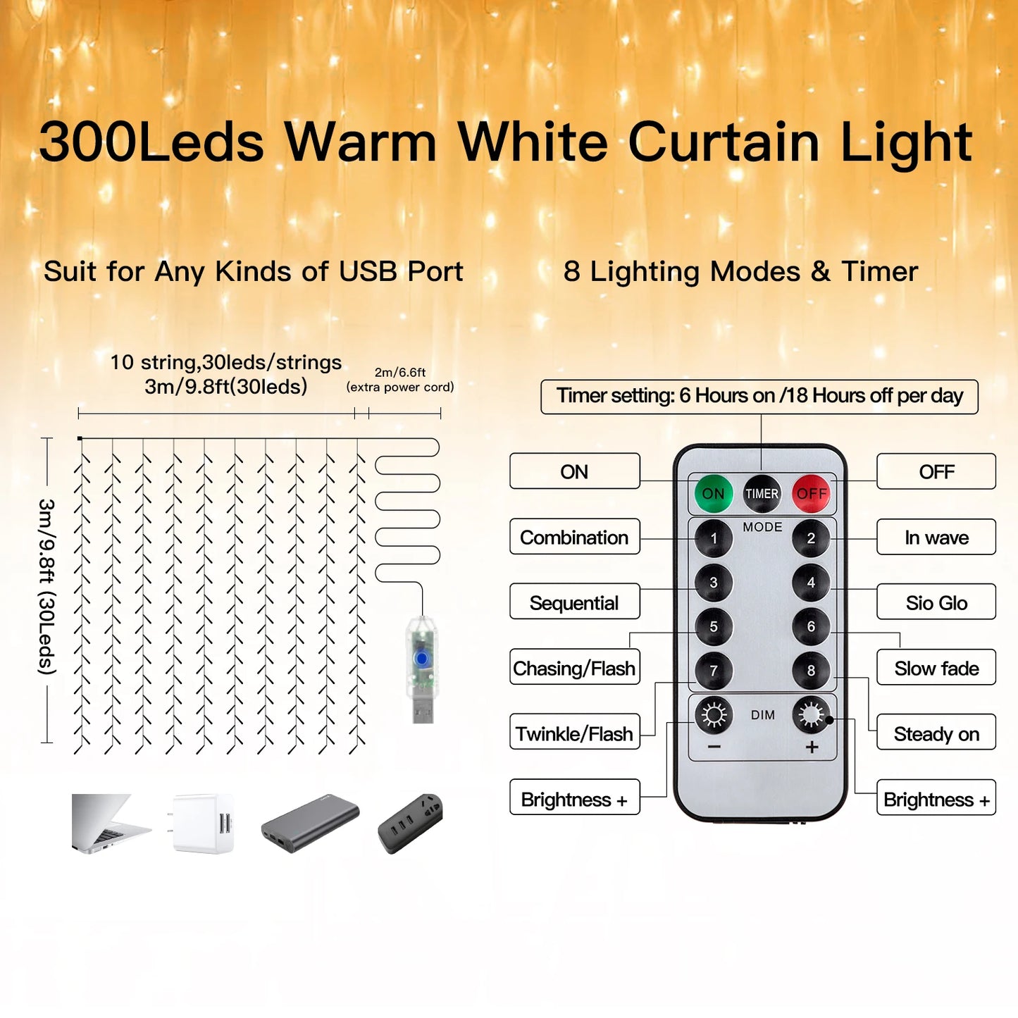 Ollny 300 LED Outdoor Waterproof Curtain Lights USB Powered