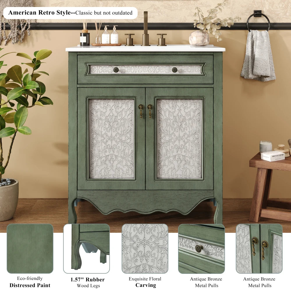 30 Inch Antique Pattern Bathroom Vanity with Rectangle Ceramic Sink