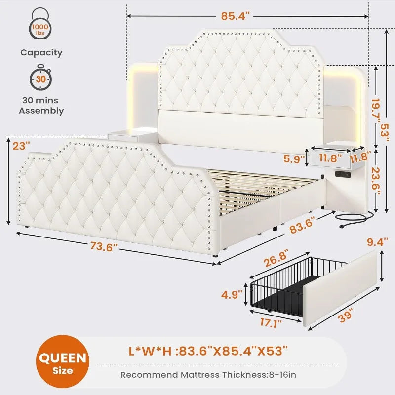 PU Leather Upholstered Bed Frame With Storage Drawers