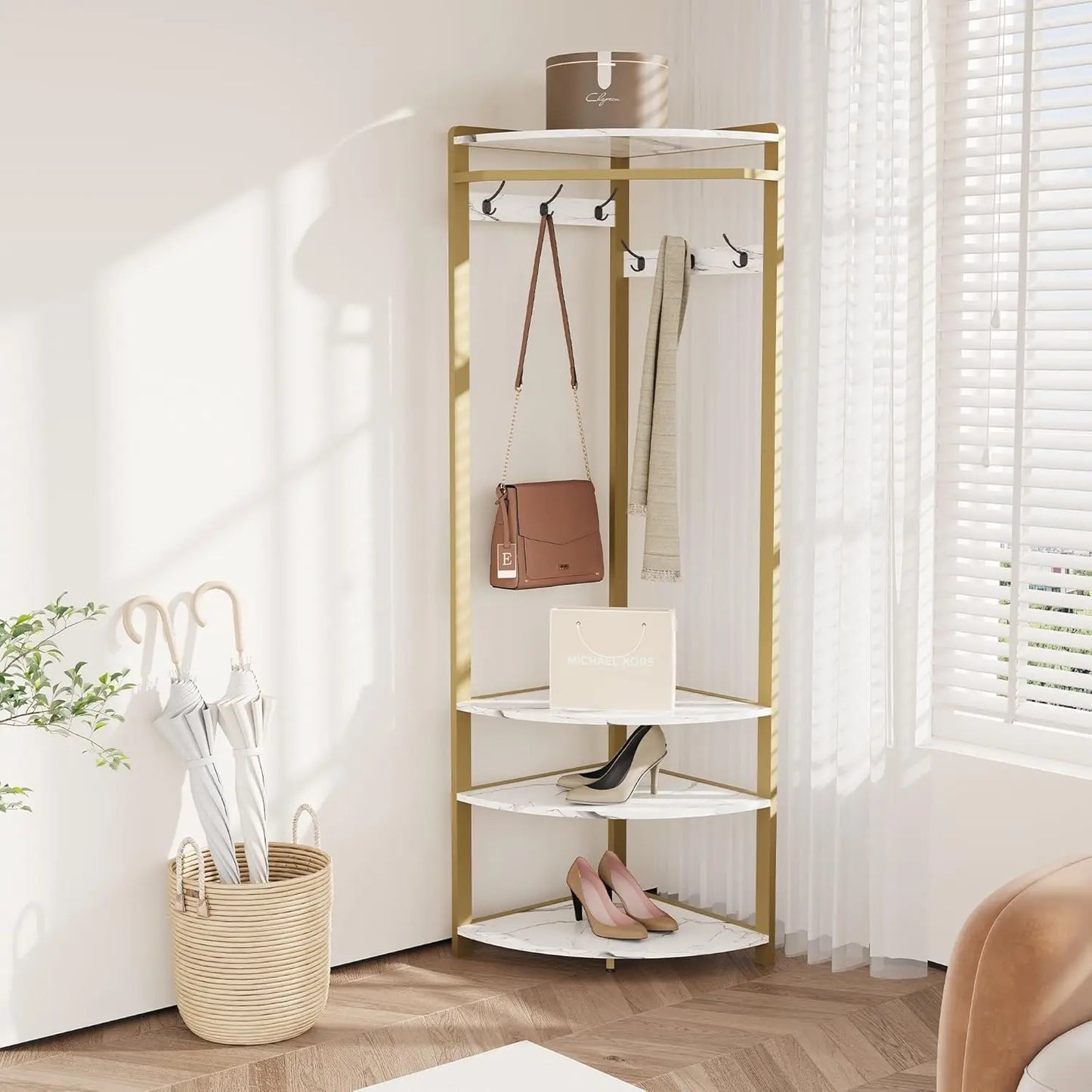 HiMISS Freestanding Coat Rack Stand With 6 Hooks Shelves