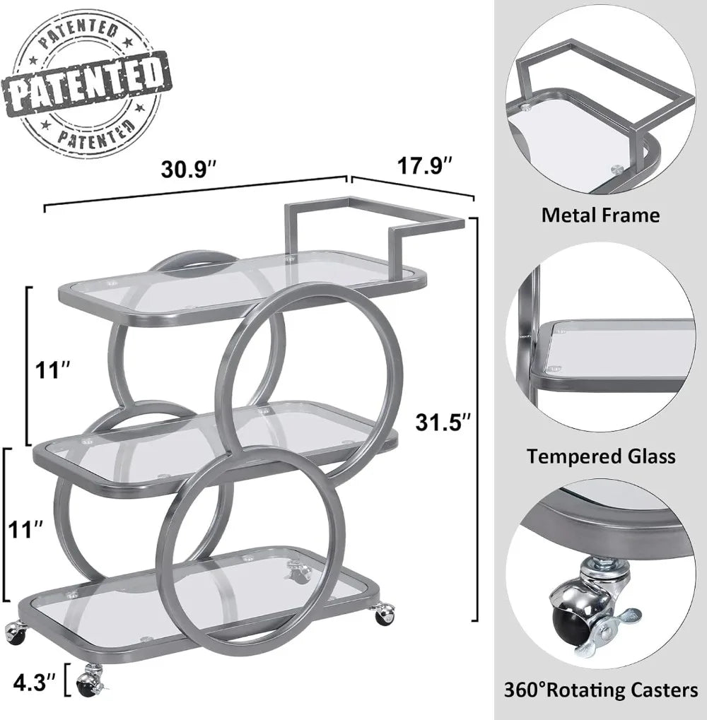 Three Tier Bar Cart With Wheels And Crystal Shelves