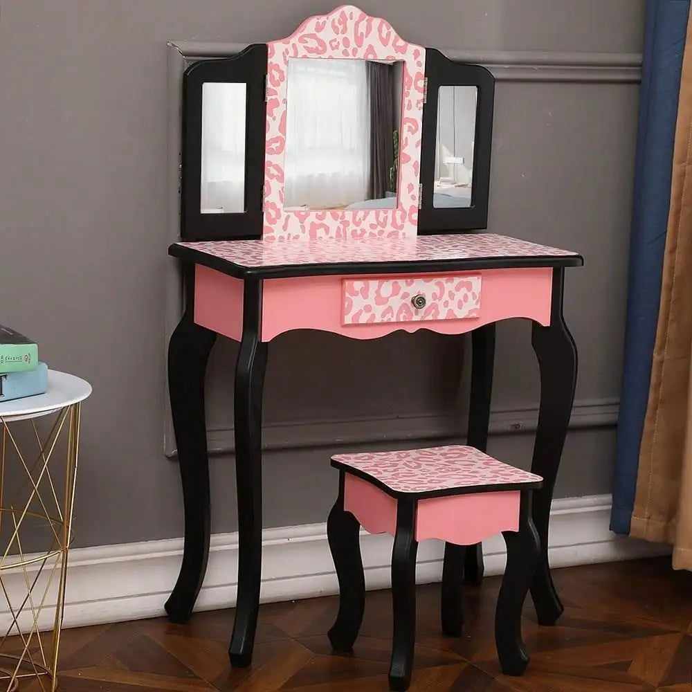 Pretend Play Vanity Table and Chair Set with Tri-Folding Mirror and Storage