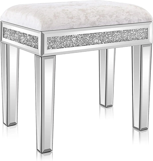 Mirrored Velvet Vanity Stool with Storage and Sparkling Diamonds in Silver