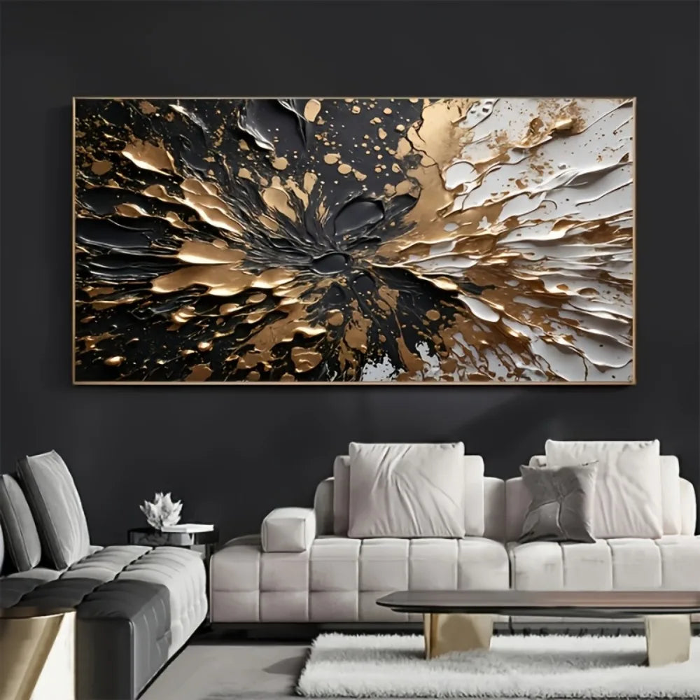 Modern Abstract Black Gold Ink Splash Wall Mural with Solid Wood Frame