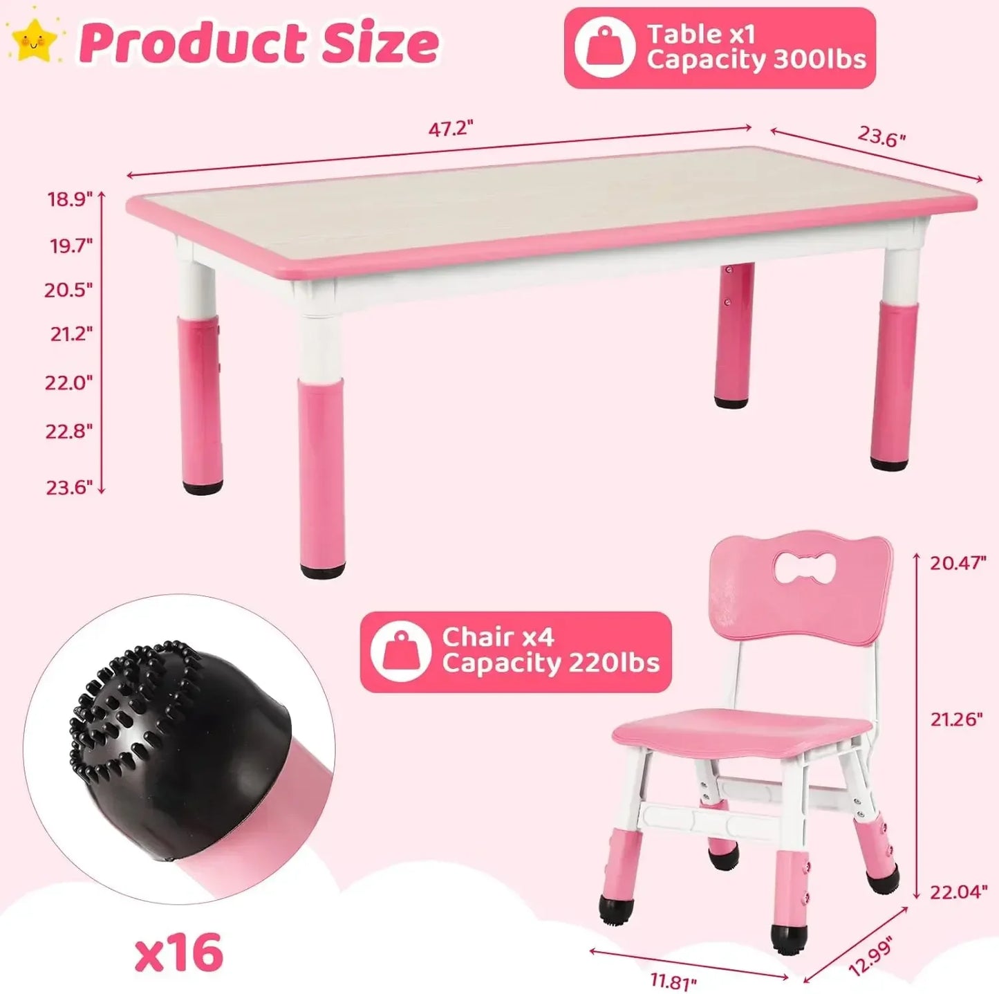 Height Adjustable Kids Table 4 Chairs Set Graffiti Desktop