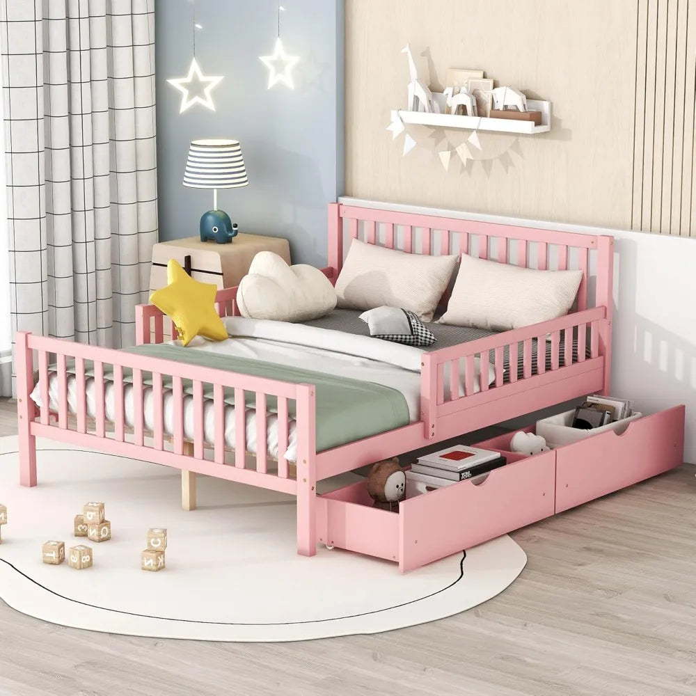 ZHUOTING Kids Storage Bed With Guardrails And Drawers