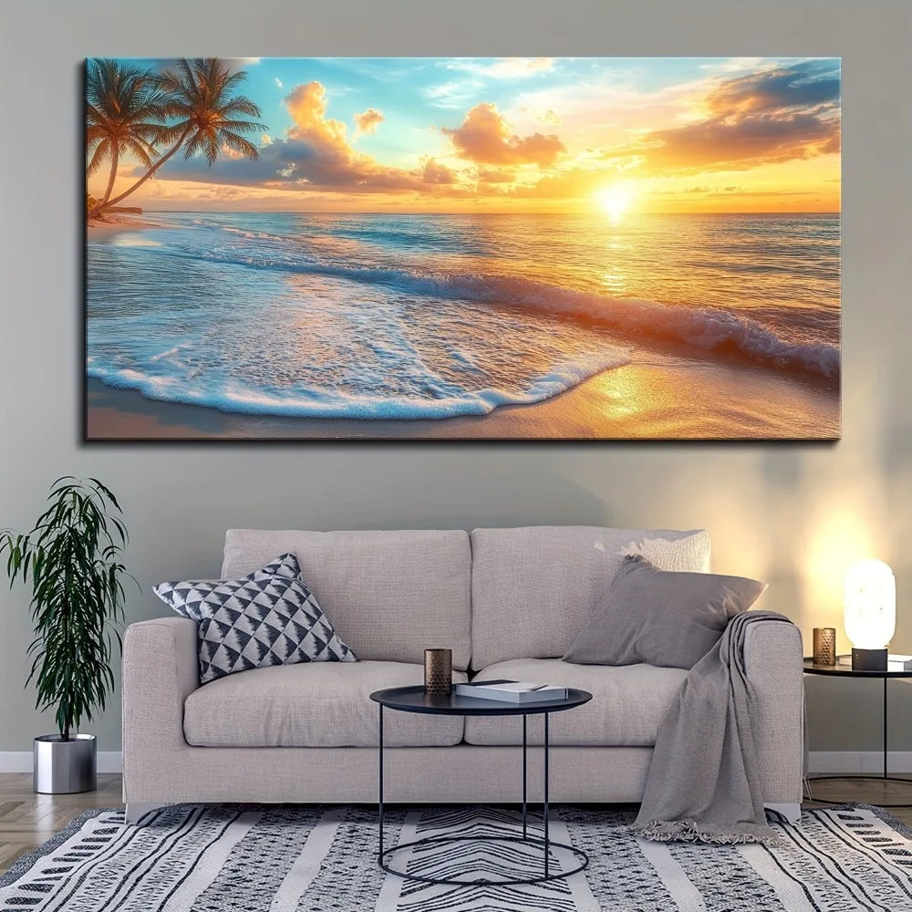 Natural Ocean Sunset Canvas Wall Art in Pine Wood Frame