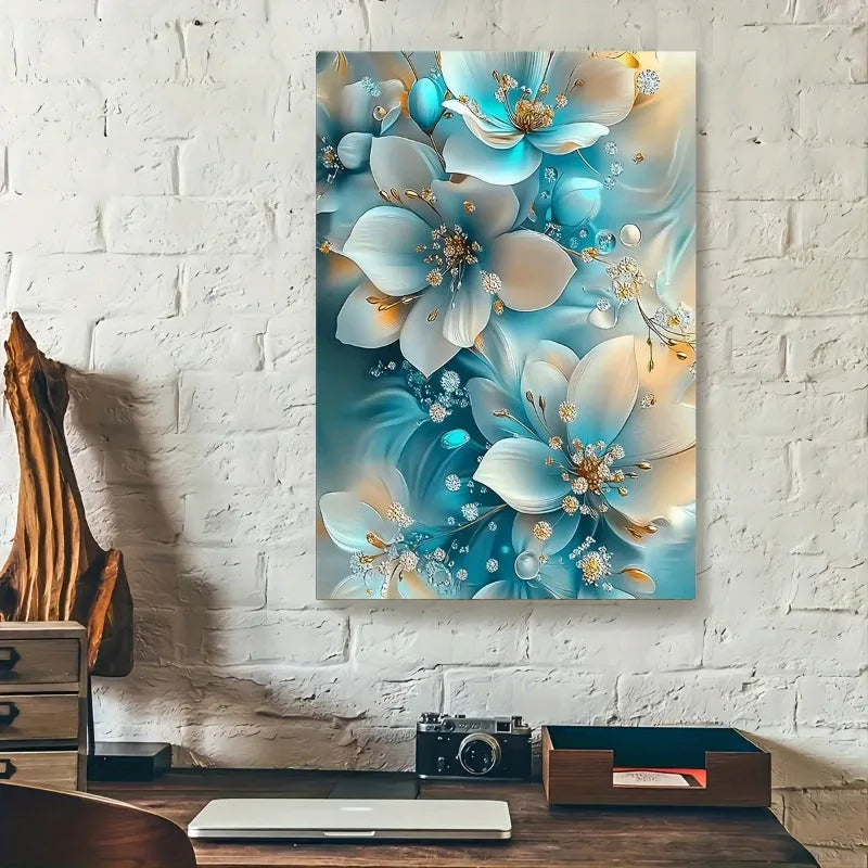 Elegant Framed Oil Painting of Blue and White Flowers with Gold Accents