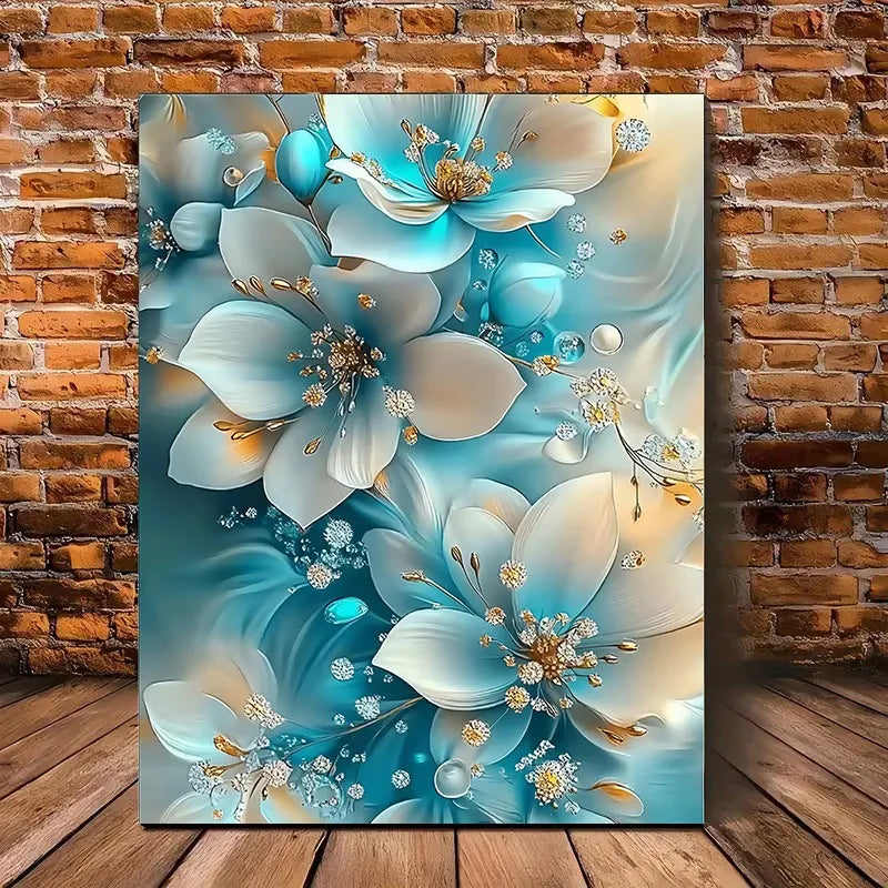 Elegant Framed Oil Painting of Blue and White Flowers with Gold Accents
