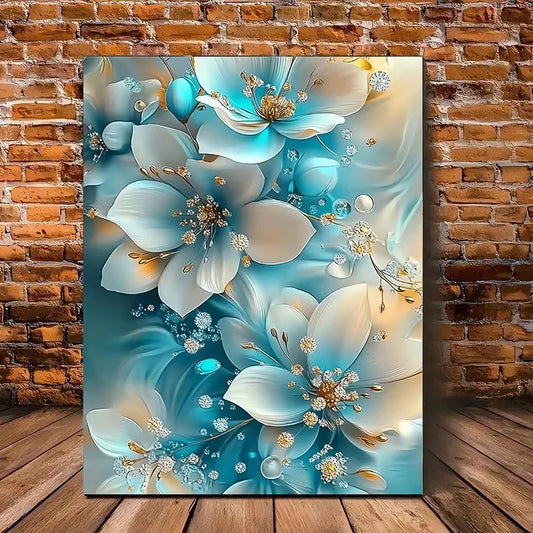 Elegant Framed Oil Painting of Blue and White Flowers with Gold Accents