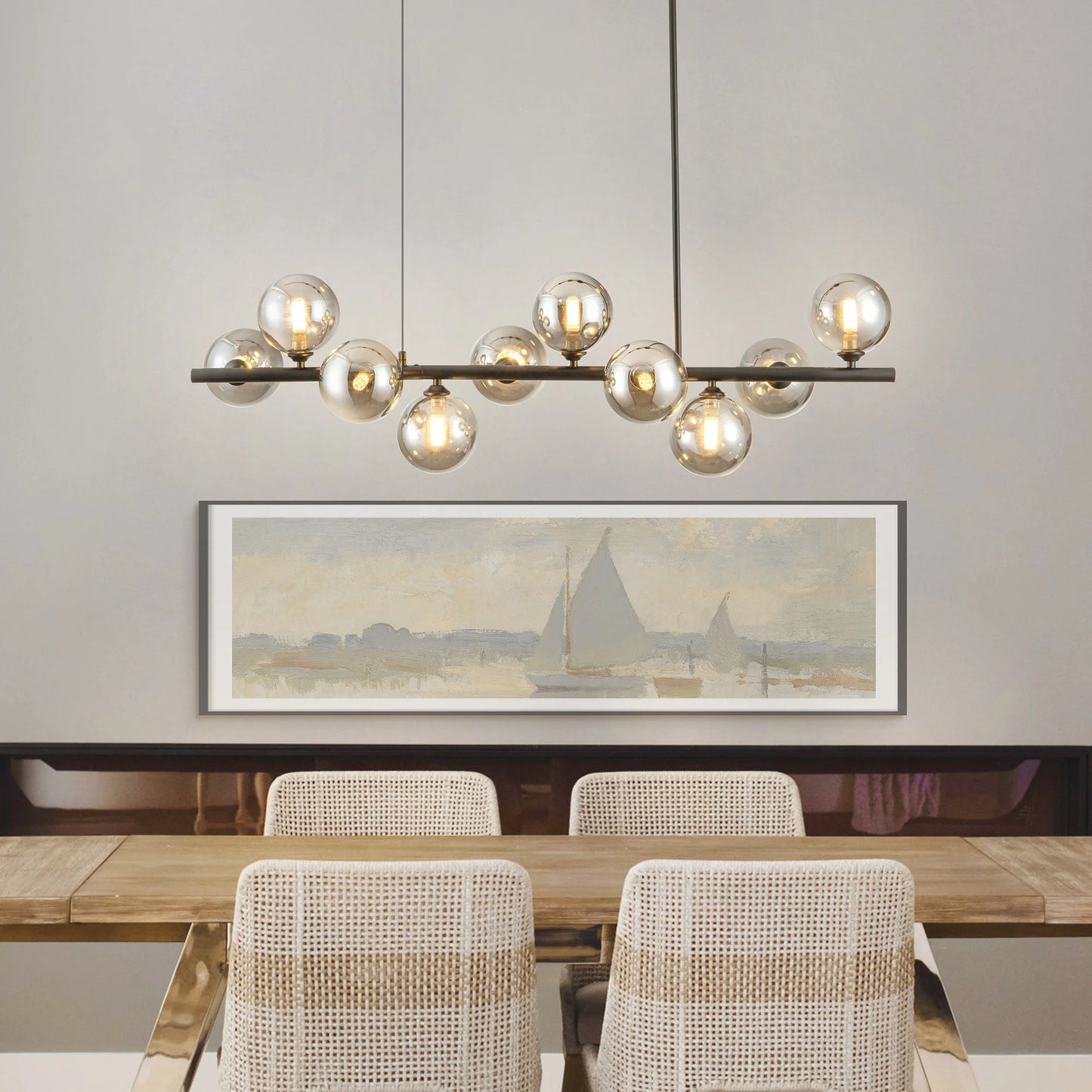 10 Light Linear Chandelier With Shades Mid Century