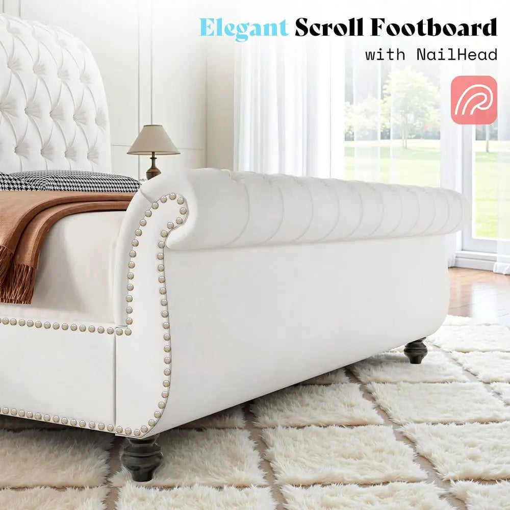 Sleigh Bed Frame With Velvet Upholstery And Tufted Headboard