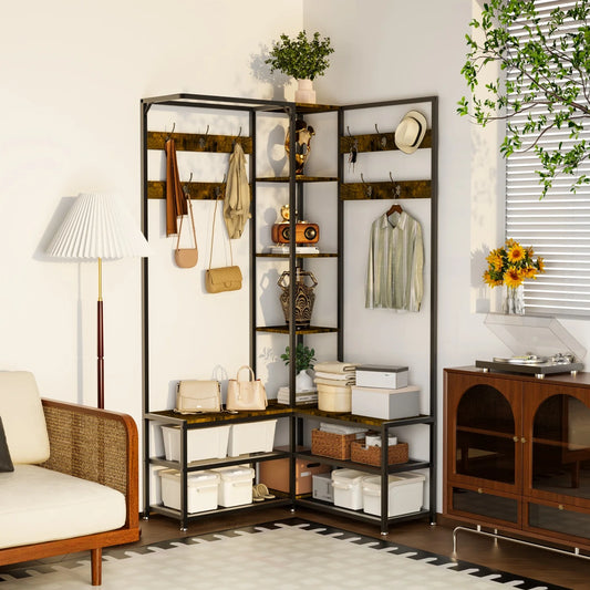 Tall Hall Tree With Shoe Rack Bench And 10 Hooks Entryway Organizer
