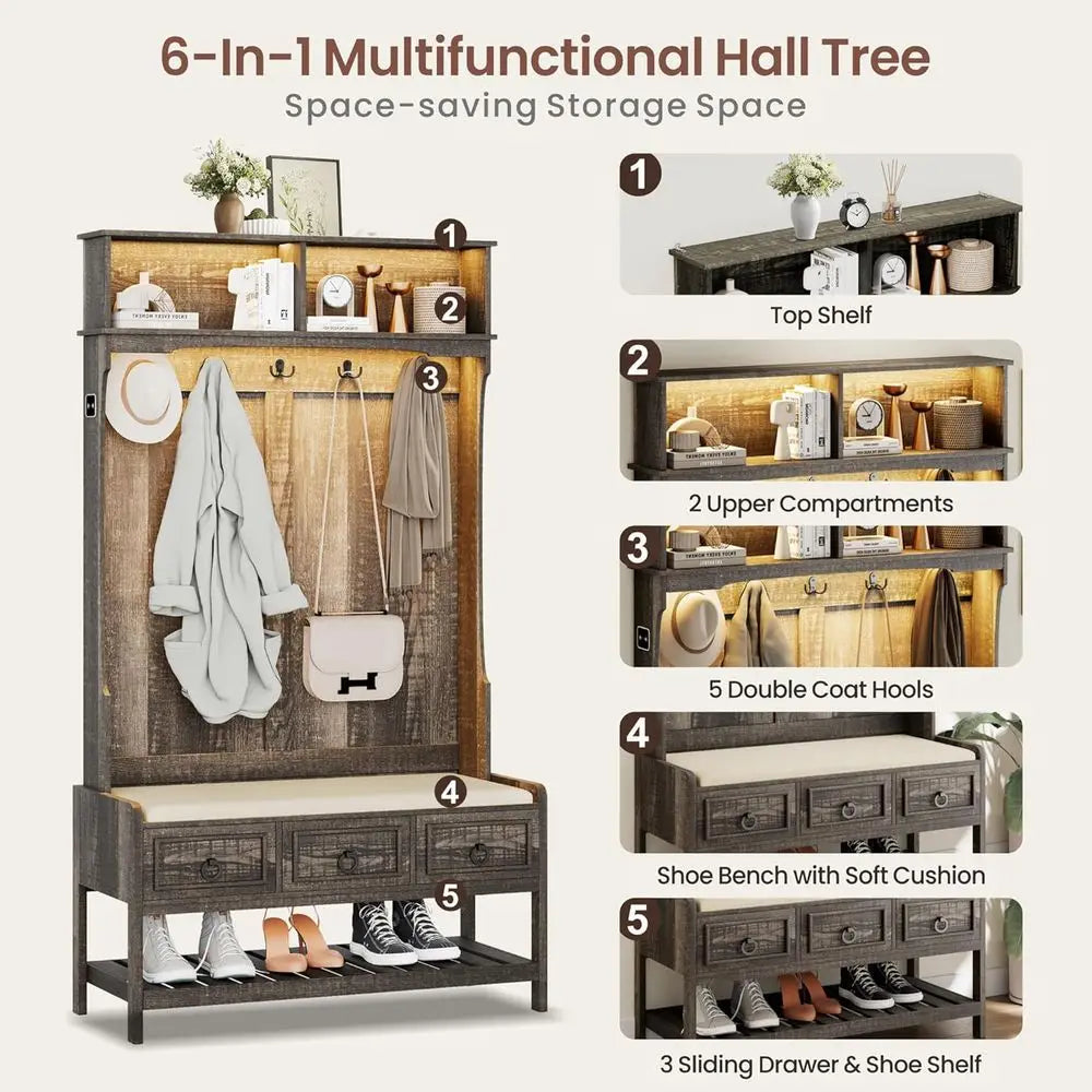 Farmhouse Hall Tree With Cushioned Bench And LED Light