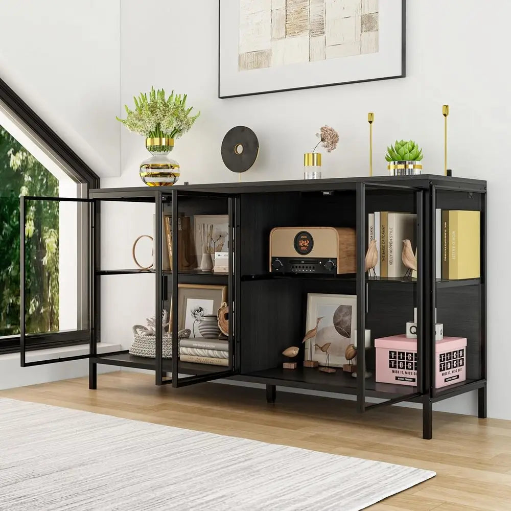 Storage Cabinet With LED Lights And Glass Shelves Display