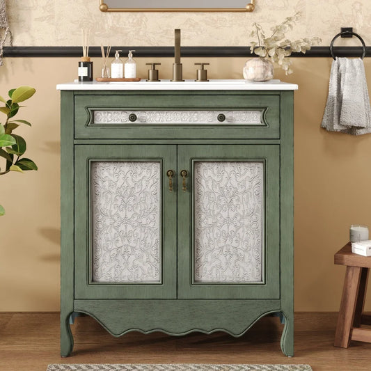 30 Inch Antique Pattern Bathroom Vanity with Rectangle Ceramic Sink