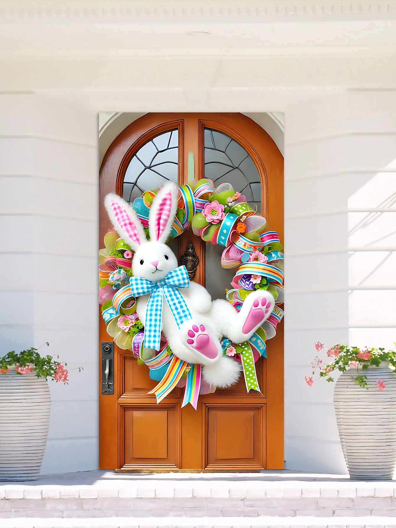 NONECN Easter Door Cover Plush Rabbit Wreath Banner