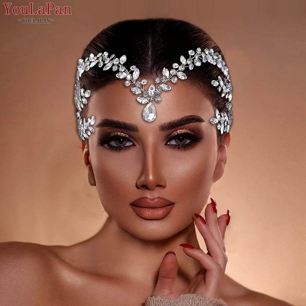 YouLaPan Bride Forehead Rhinestone Headband for Weddings