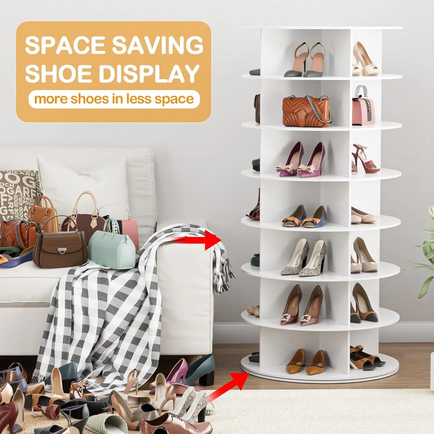 Rotating 7 Tier Shoe Rack Tower Vertical Spinning Organizer White Storage Solution