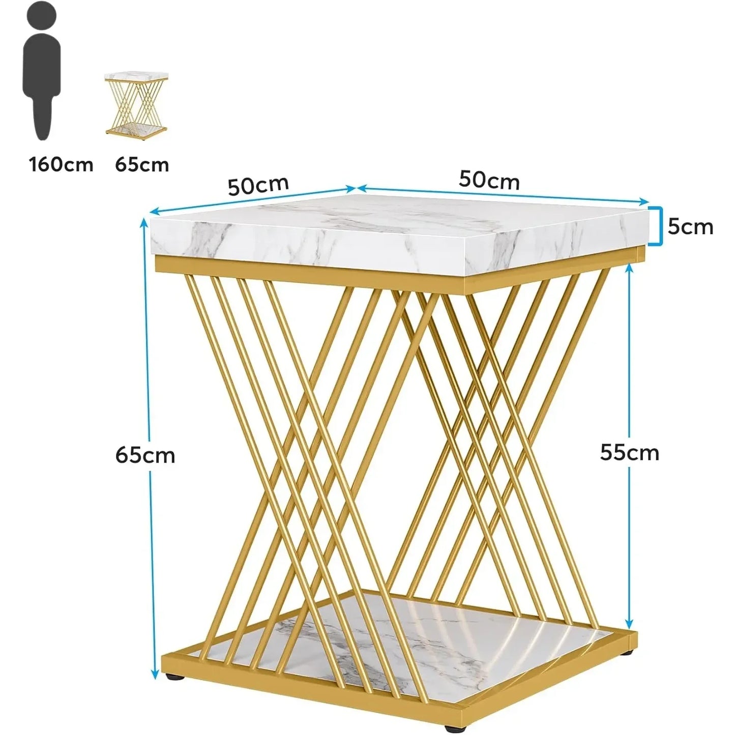 Modern White Gold Square End Table with Storage 2-Tier Faux Marble Design