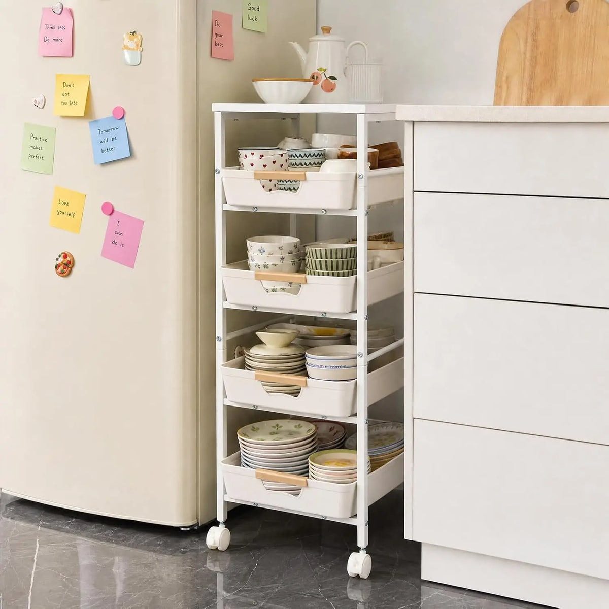 HiMISS Rolling Storage Cart With Wooden Top Pullout Baskets