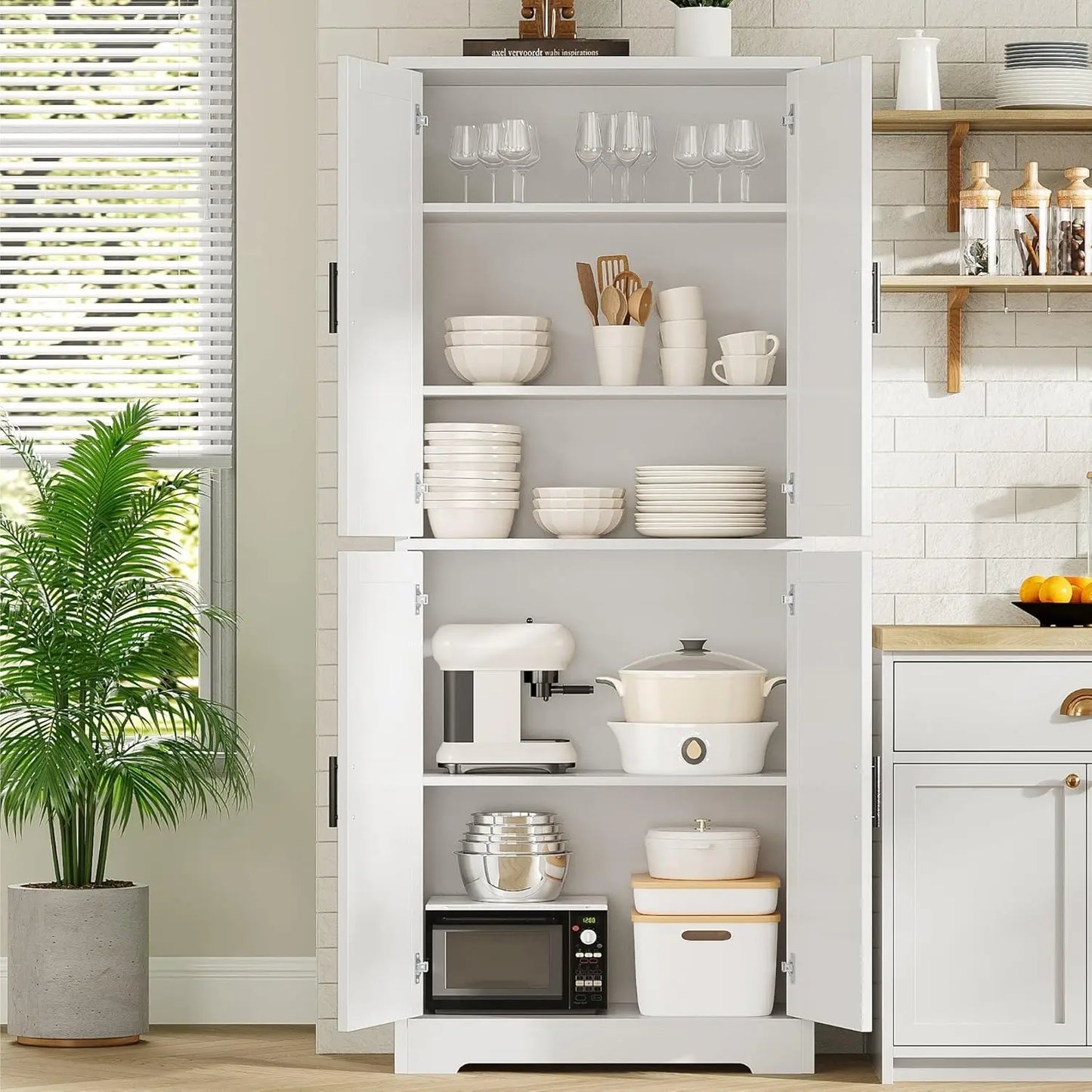 Studyset Freestanding Kitchen Pantry Cabinet Four Doors Adjustable Shelves