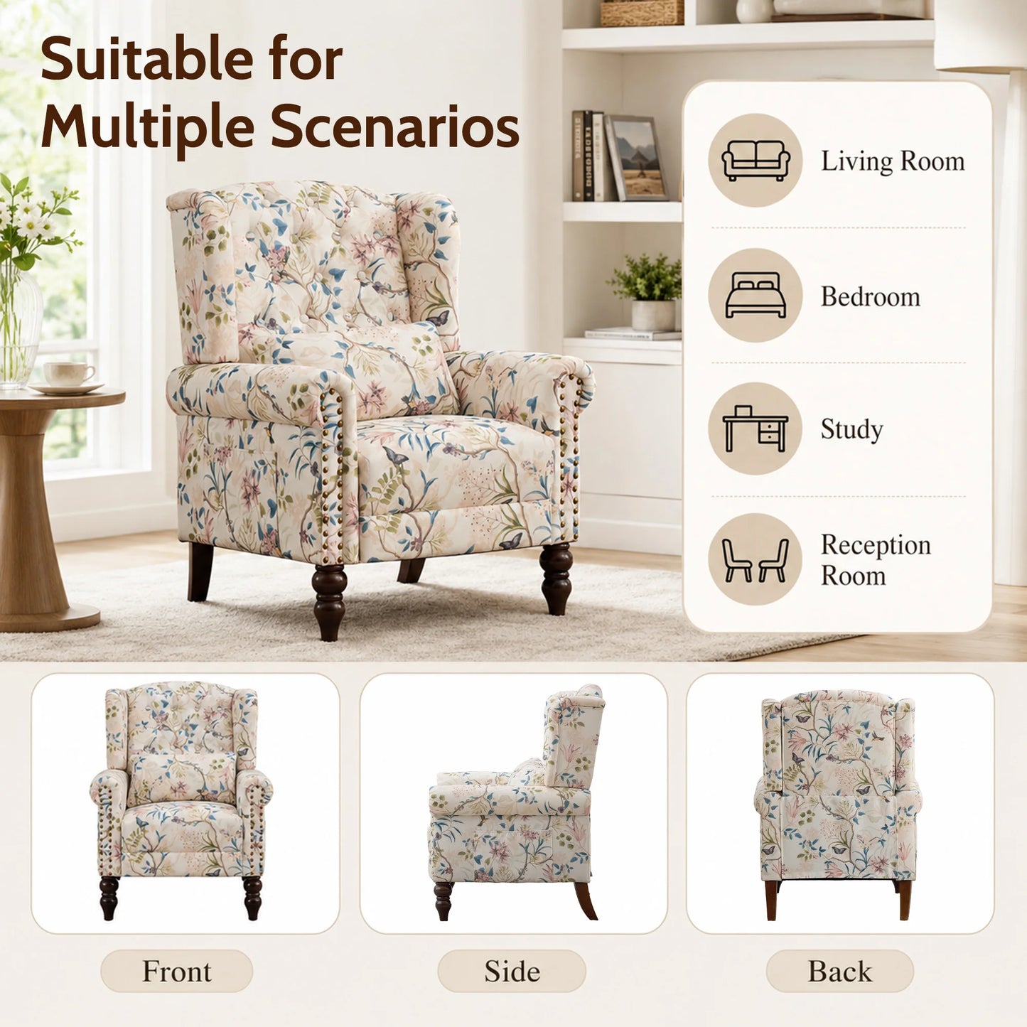 TCGBKAF Vintage Floral Wingback Club Accent Chair