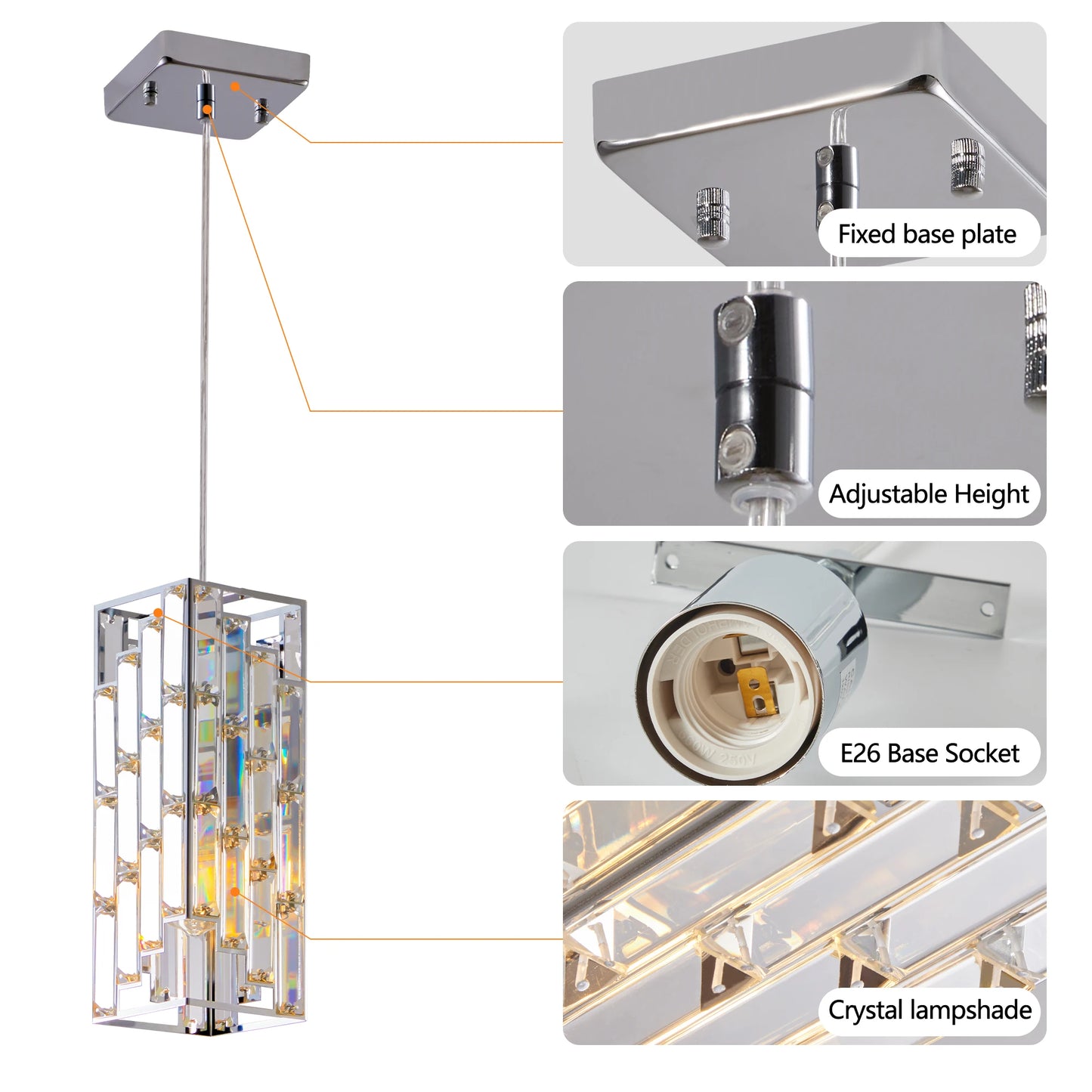 Modern Crystal Pendant Light 3 Pack Adjustable Ceiling Lamp Chrome Finish