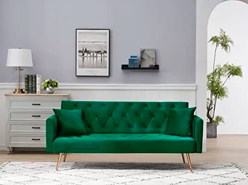 CN Velvet Tufted Convertible Sofa Bed With Metal Legs