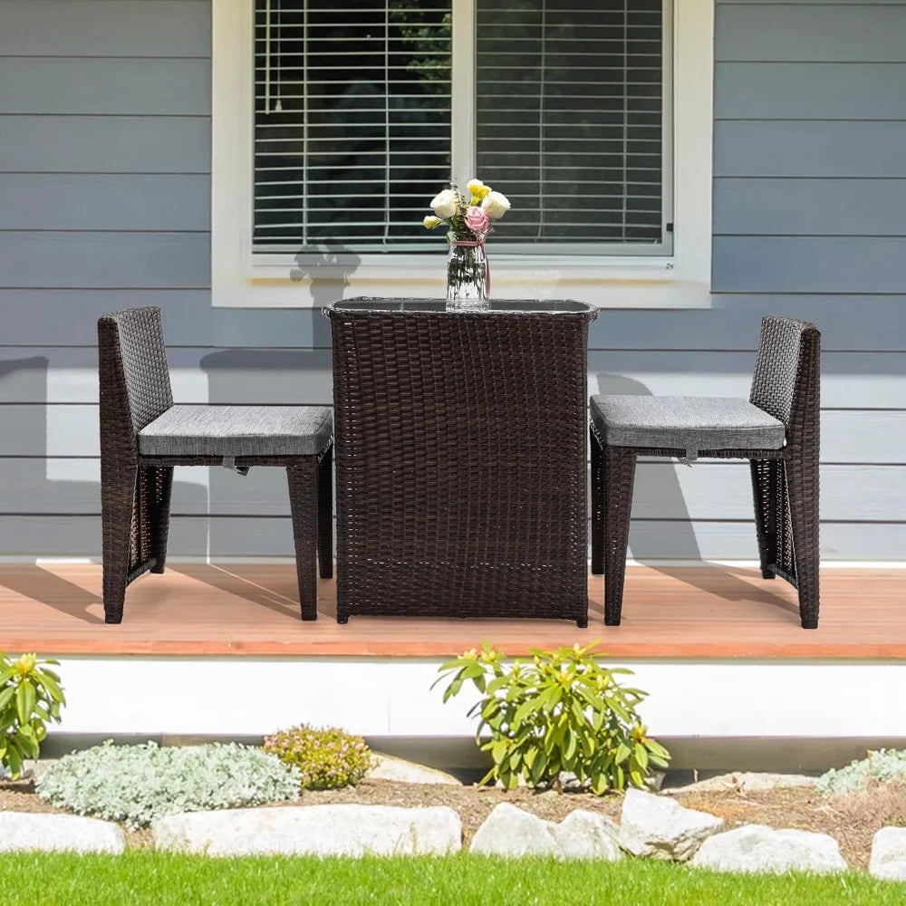Wicker Outdoor Patio Bistro Set With Glass Table Top