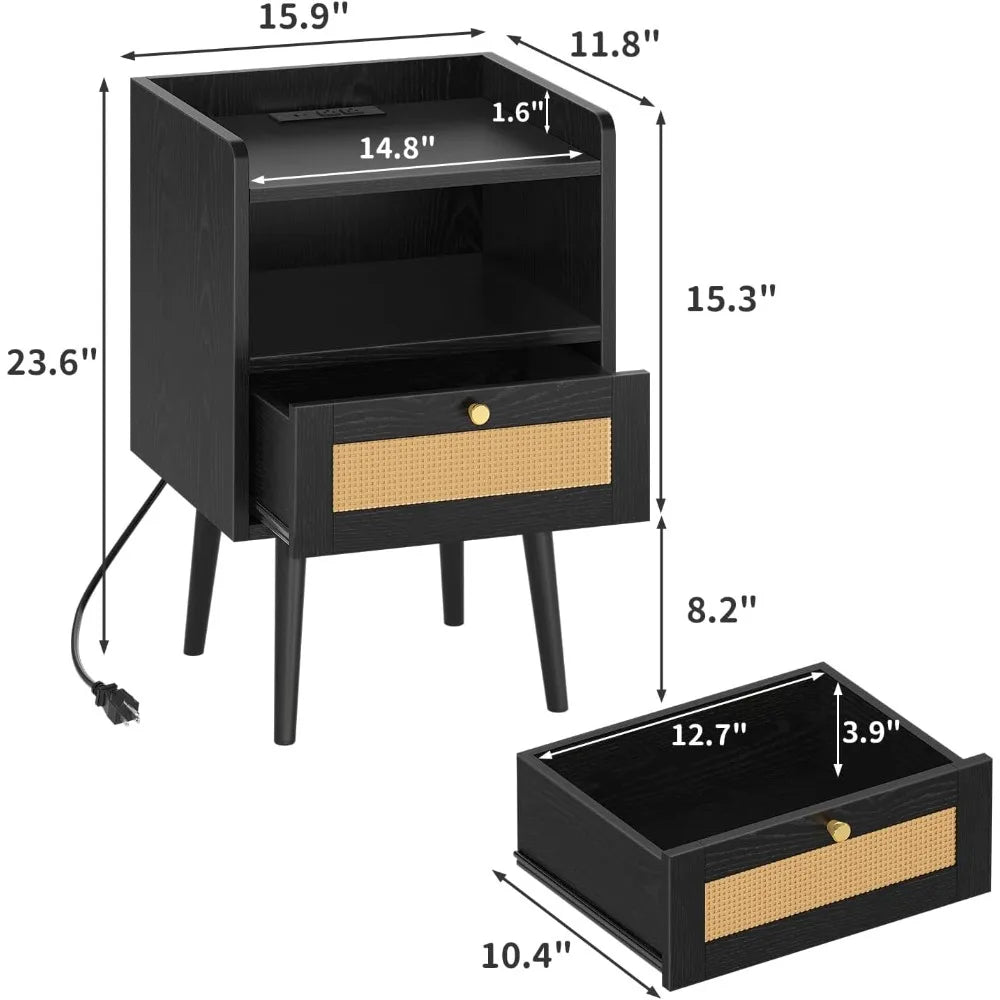 XIUWO Boho Nightstand Set With Charging Station Wood Legs