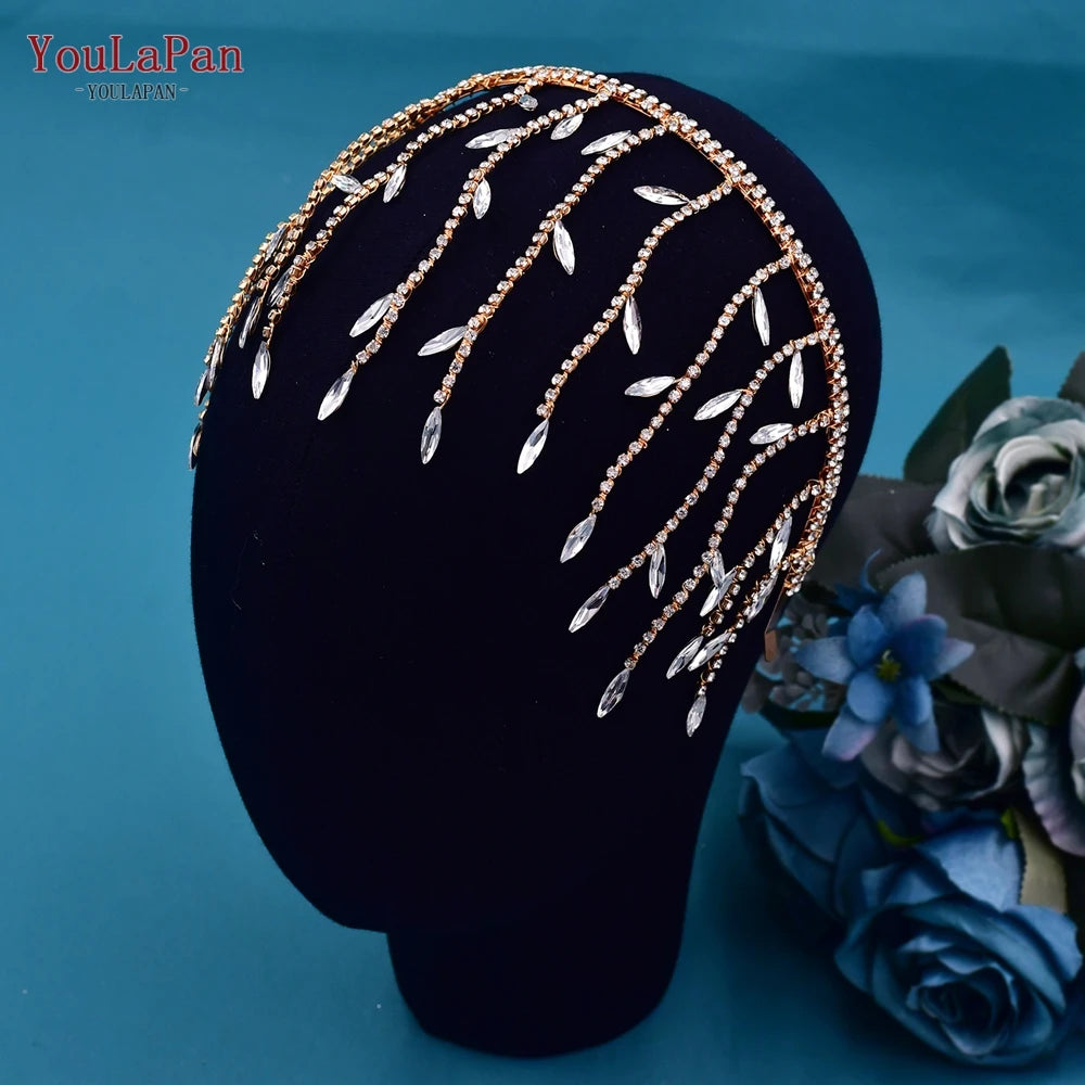 YouLaPan Bride Forehead Rhinestone Headband for Weddings
