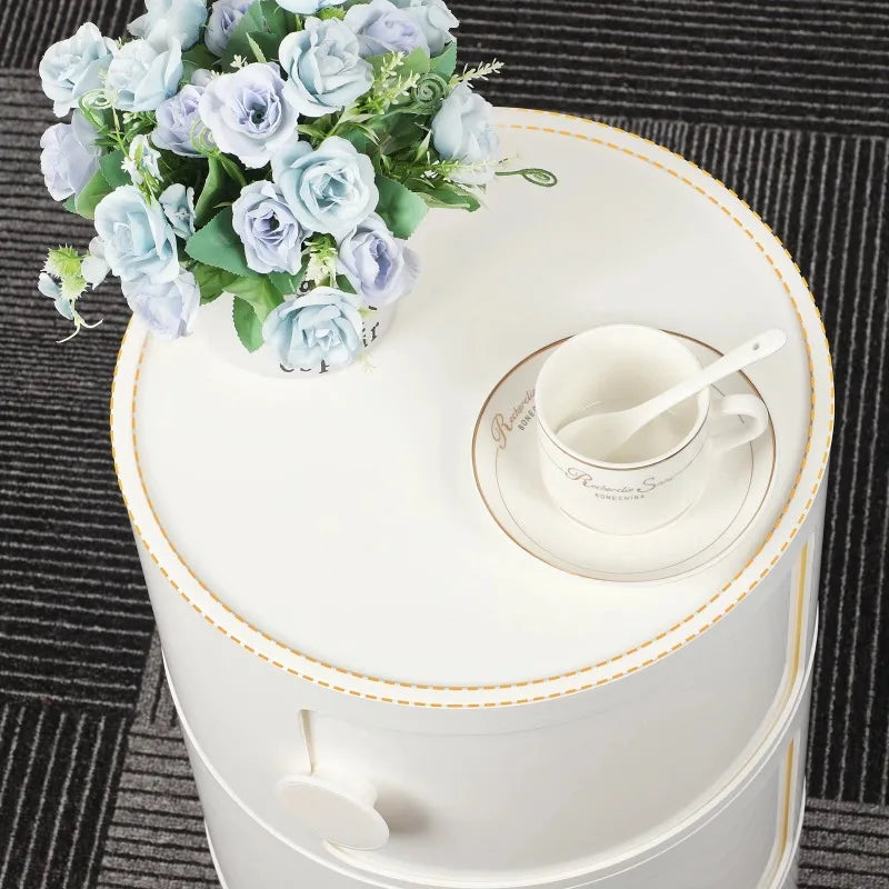 Modern White Round Bedside Table with 3 Tier Storage and Sliding Door Design