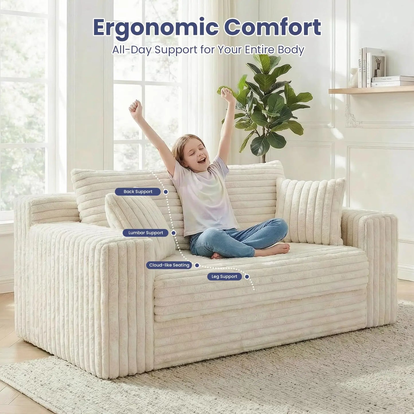 Furry 3-In-1 Convertible Sofa Bed With Detachable Cushions And 4 Pillows