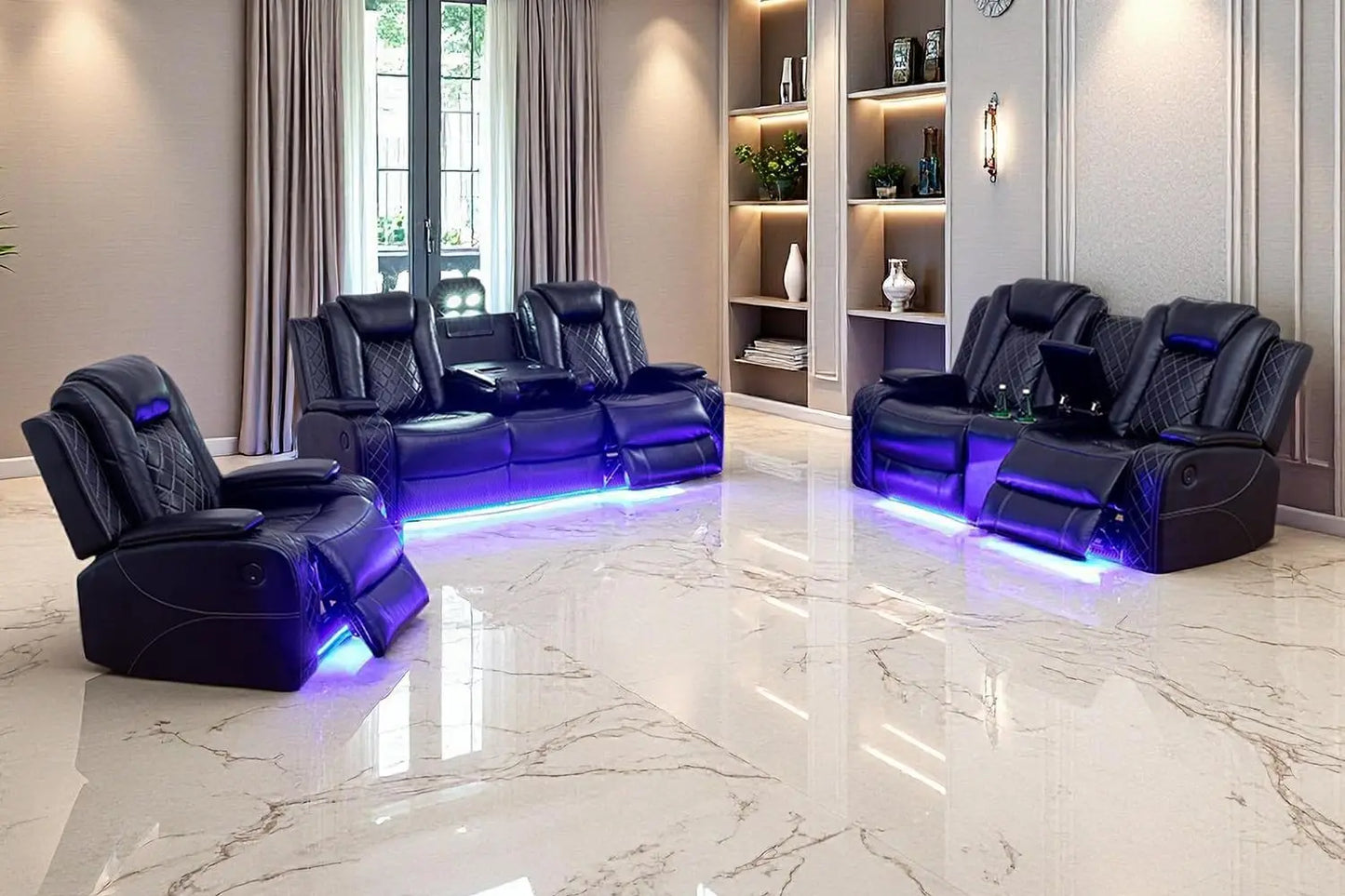 XMSJ Power Recliner Sofa Set Modern Leather Sectional LED