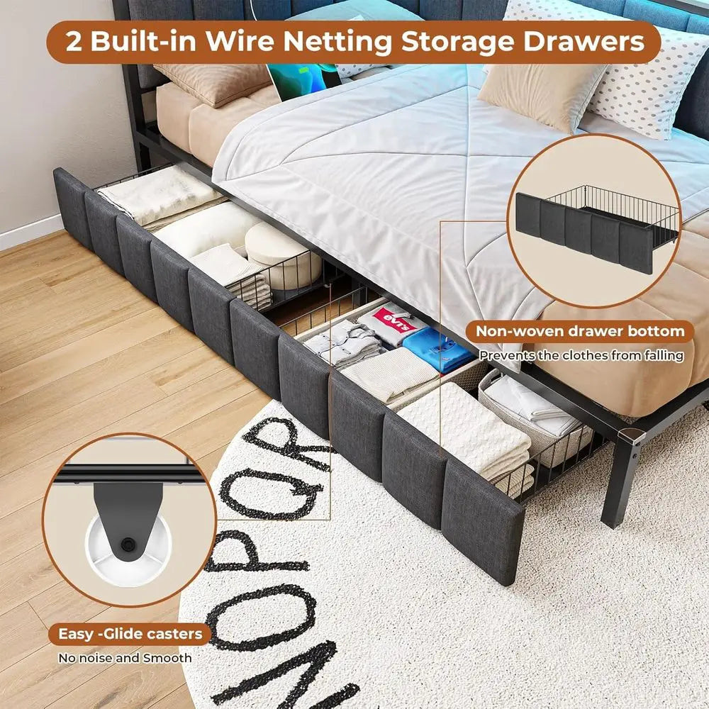 Bed With Storage Drawers And LED Lights Platform Bed