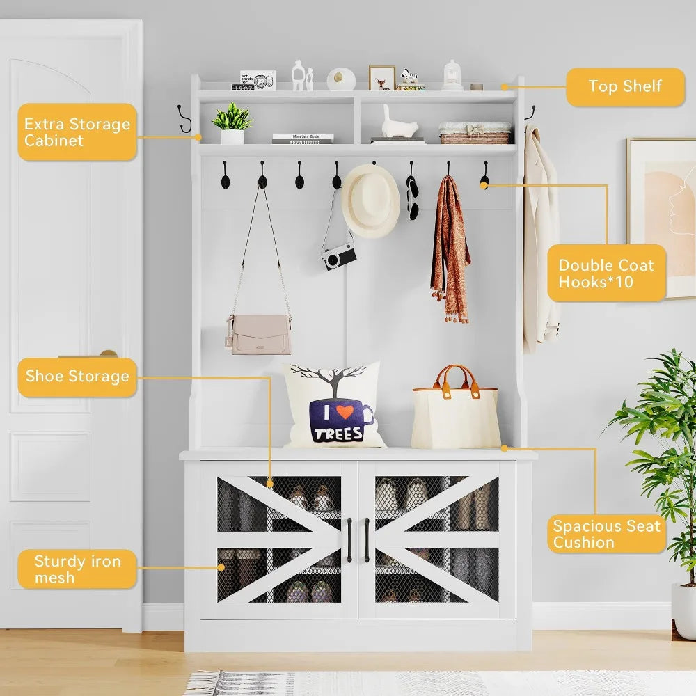Farmhouse Hall Tree with Coat Hooks and Storage Bench for Entryway in White