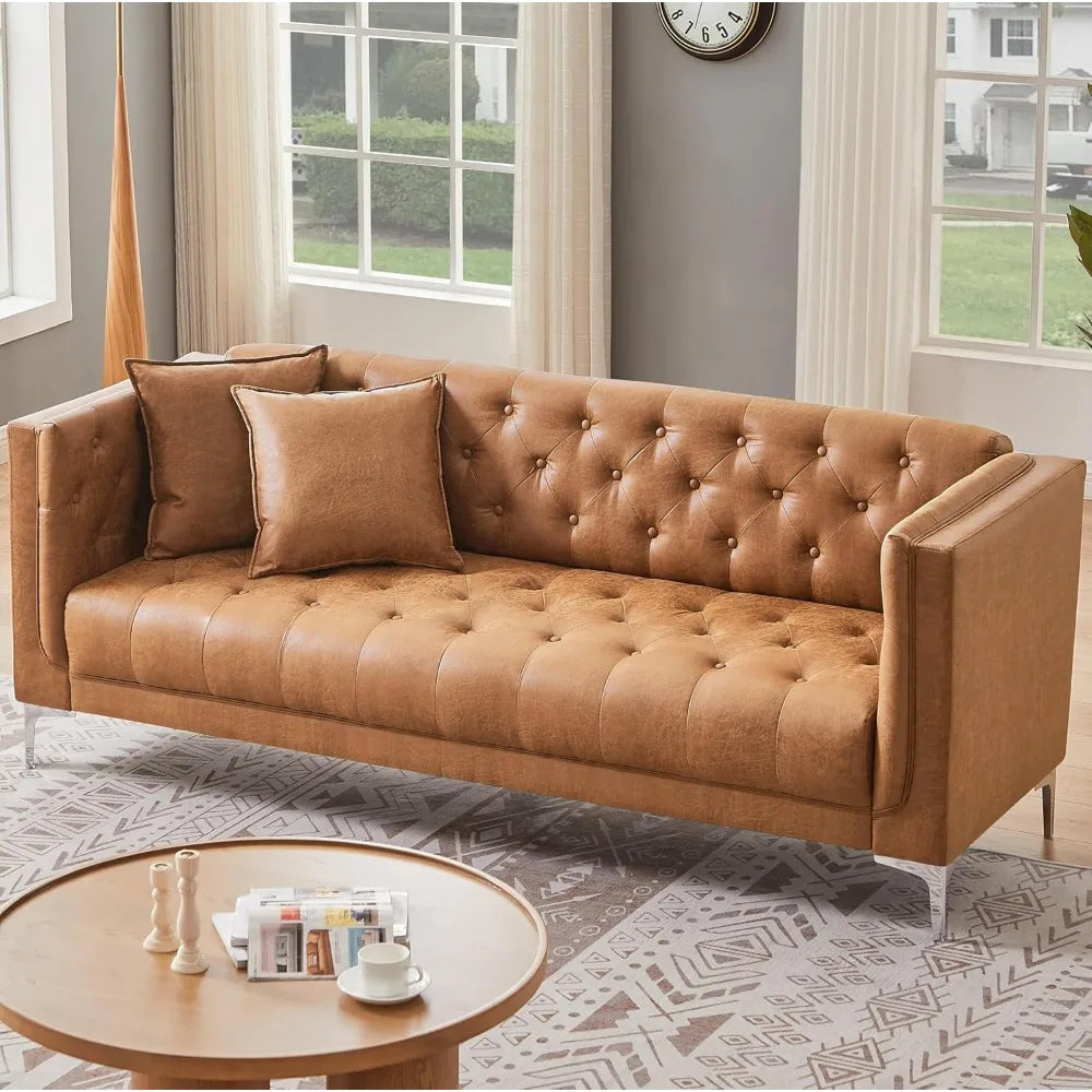 DAFIFY Three Seater Faux Leather Sofa With Tufted Cushions