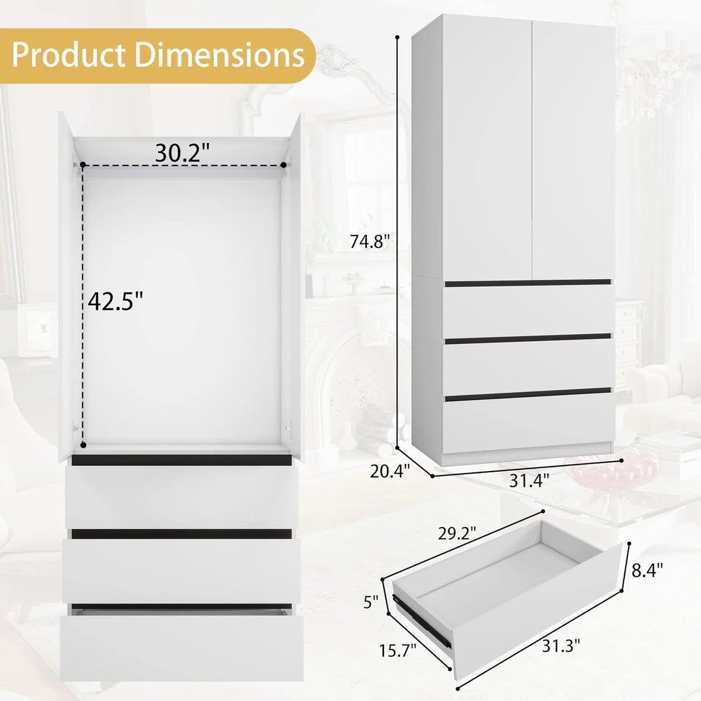 XIUWO Wood Wardrobe With Double Doors Hanging Rod Storage