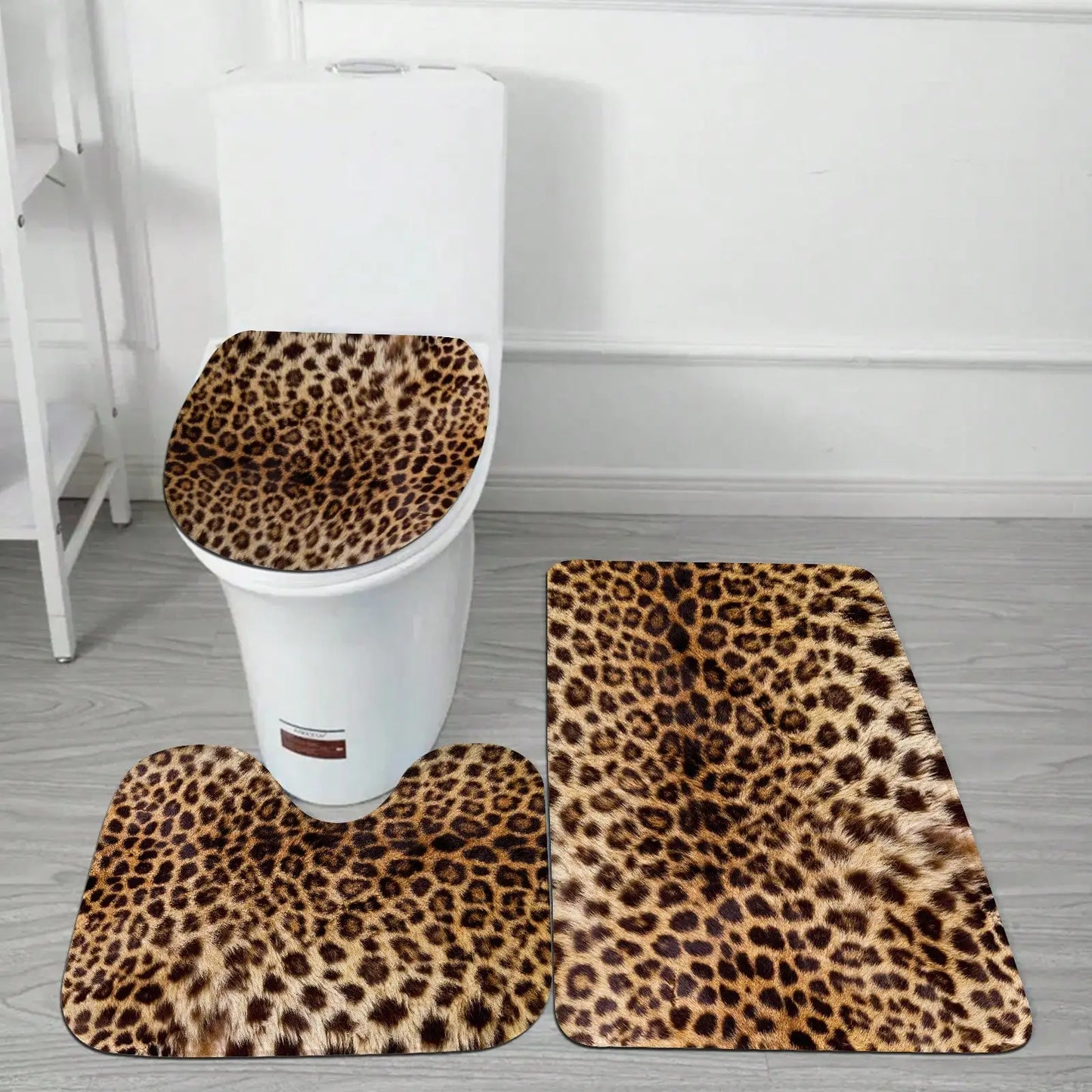 Leopard Pattern Polyester Shower Curtain Set With Bath Accessories