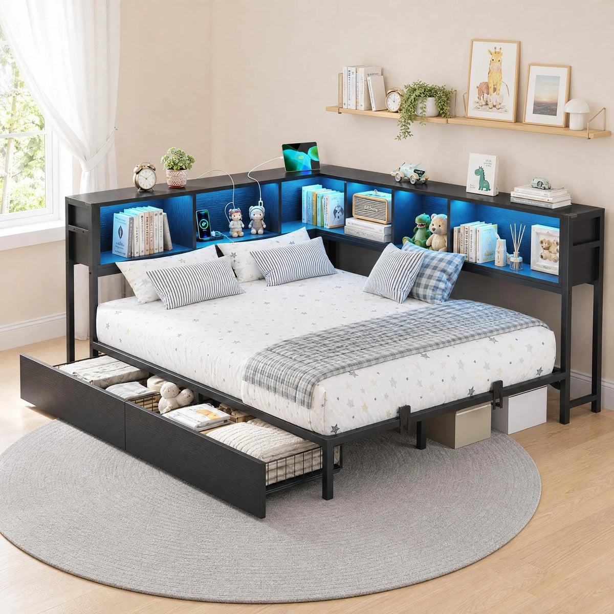 HiMISS Corner Bed Frame Bookcase Headboard And LED Lights