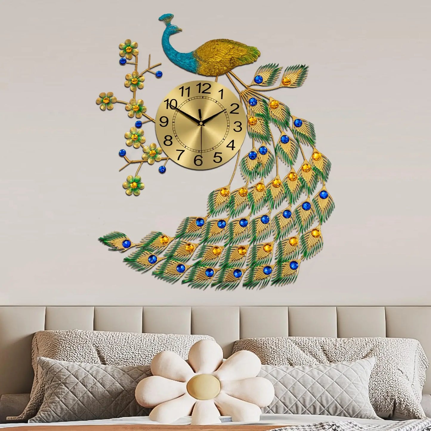 Feature Peacock Wall Clock Luxury Silent 3D Living Room