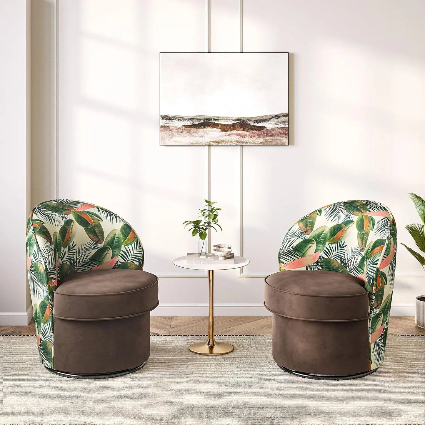 Floral Upholstered 360 Degree Swivel Barrel Chair Living Room