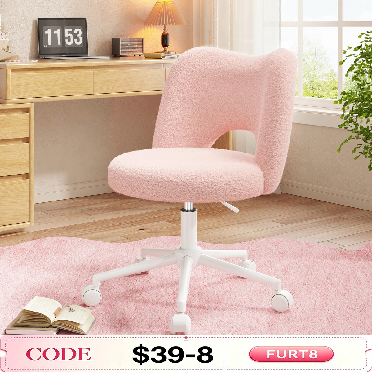EnHomee Height Adjustable Upholstered Vanity Chair With Silent Wheels