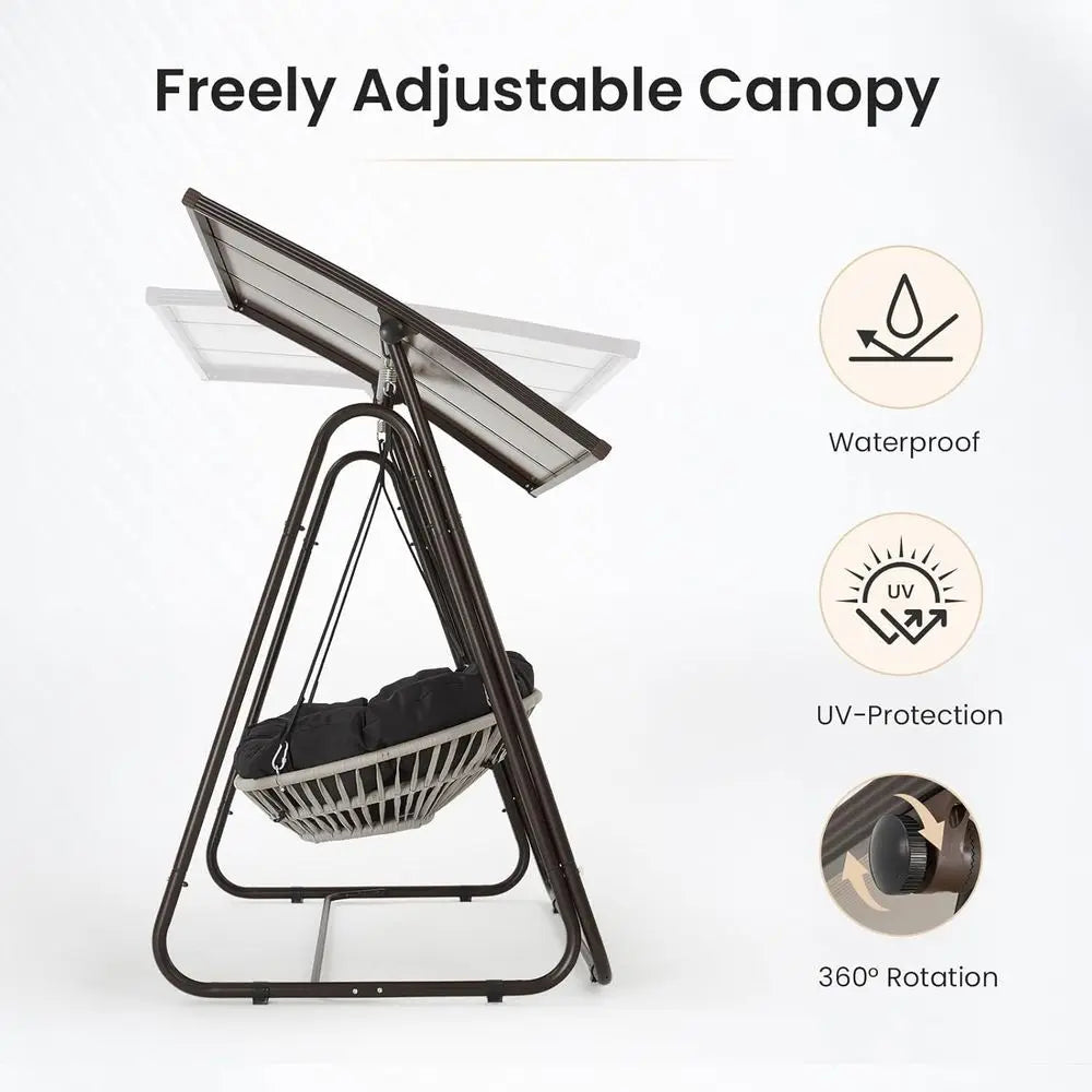 Weatherproof Rattan Swing Chair With Cushions And Adjustable Hardtop For Patio