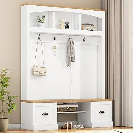 58.8 Inch Wide Hall Tree with Bench Coat Rack Hooks Drawers and Adjustable Shelves