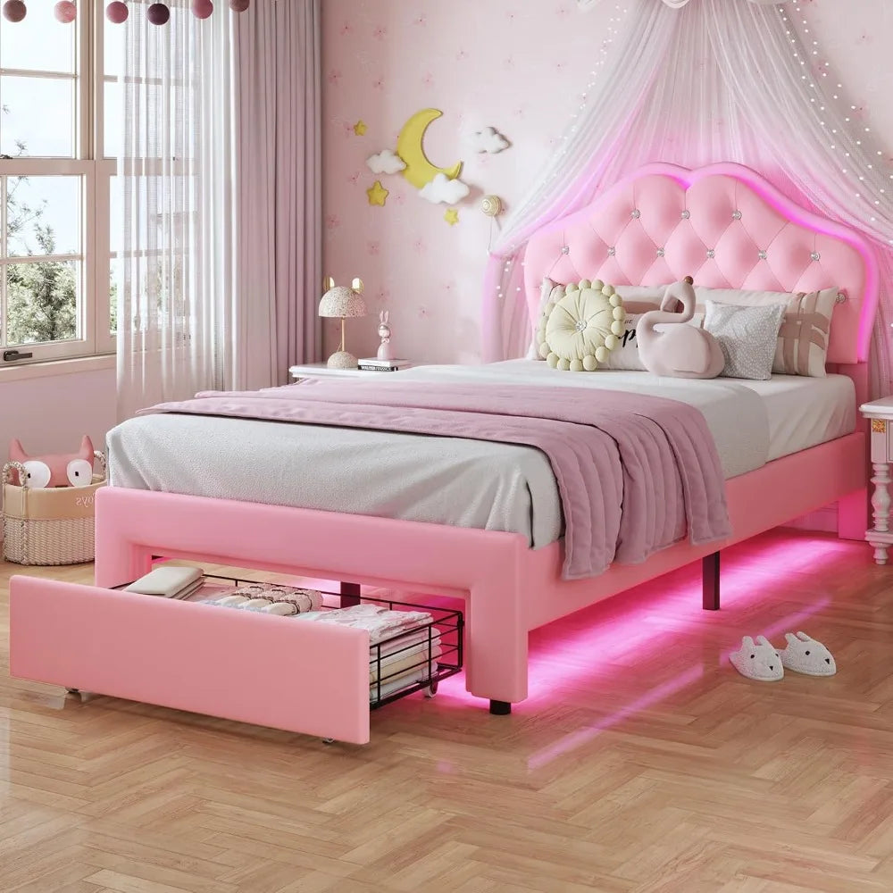 Girls Upholstered Platform Bed With Storage And LED Lights