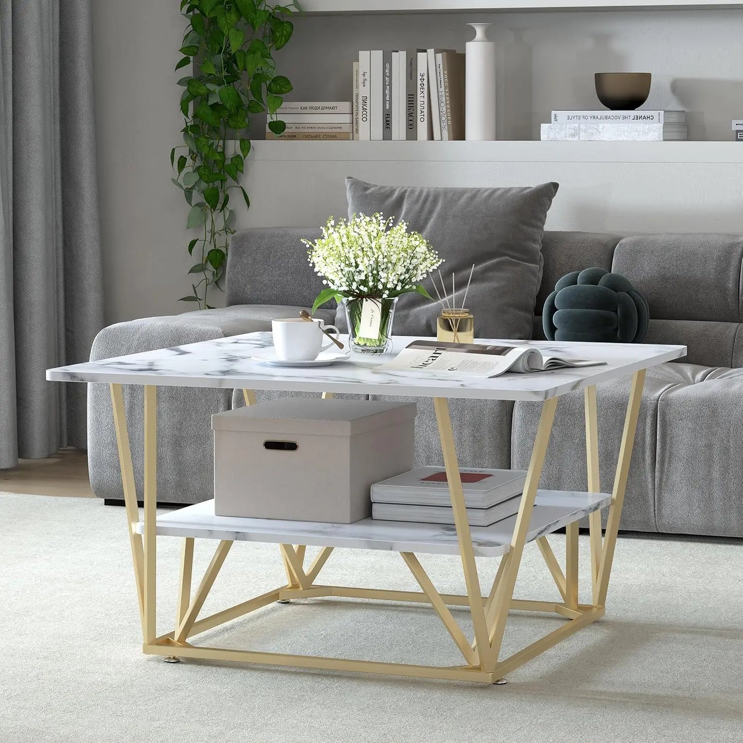MERRONIX Square Coffee Table Modern Two-Tier Frame